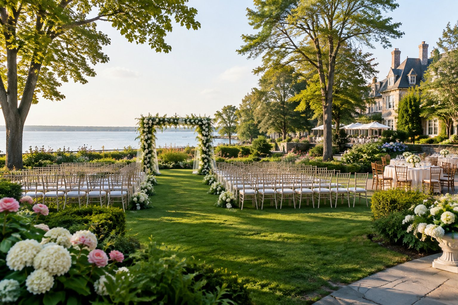 Elegant outdoor wedding ceremony in a lush landscaped garden with flowers, chairs, and a stately venue in the background.