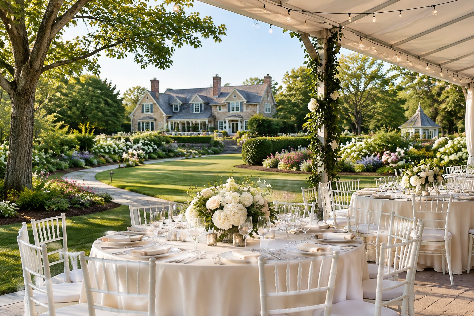 Elegant outdoor wedding reception setup in a landscaped Long Island garden beside a historic venue.