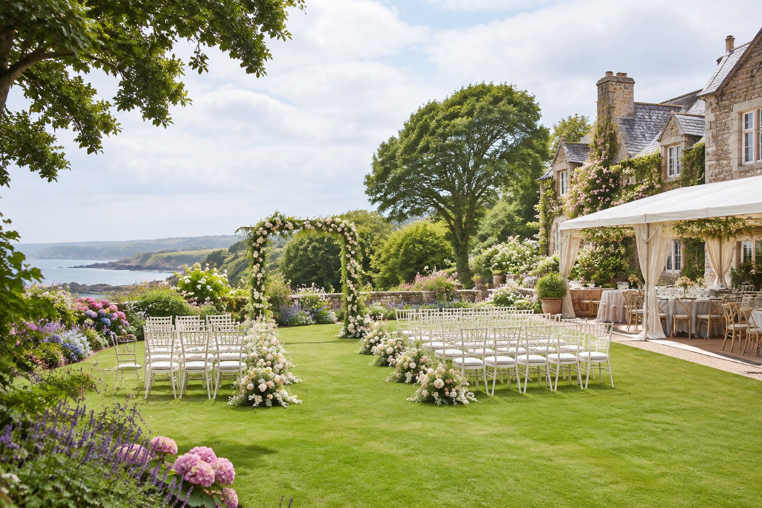 Elegant garden wedding venue with flower beds, ceremony chairs, and a decorated outdoor reception area.