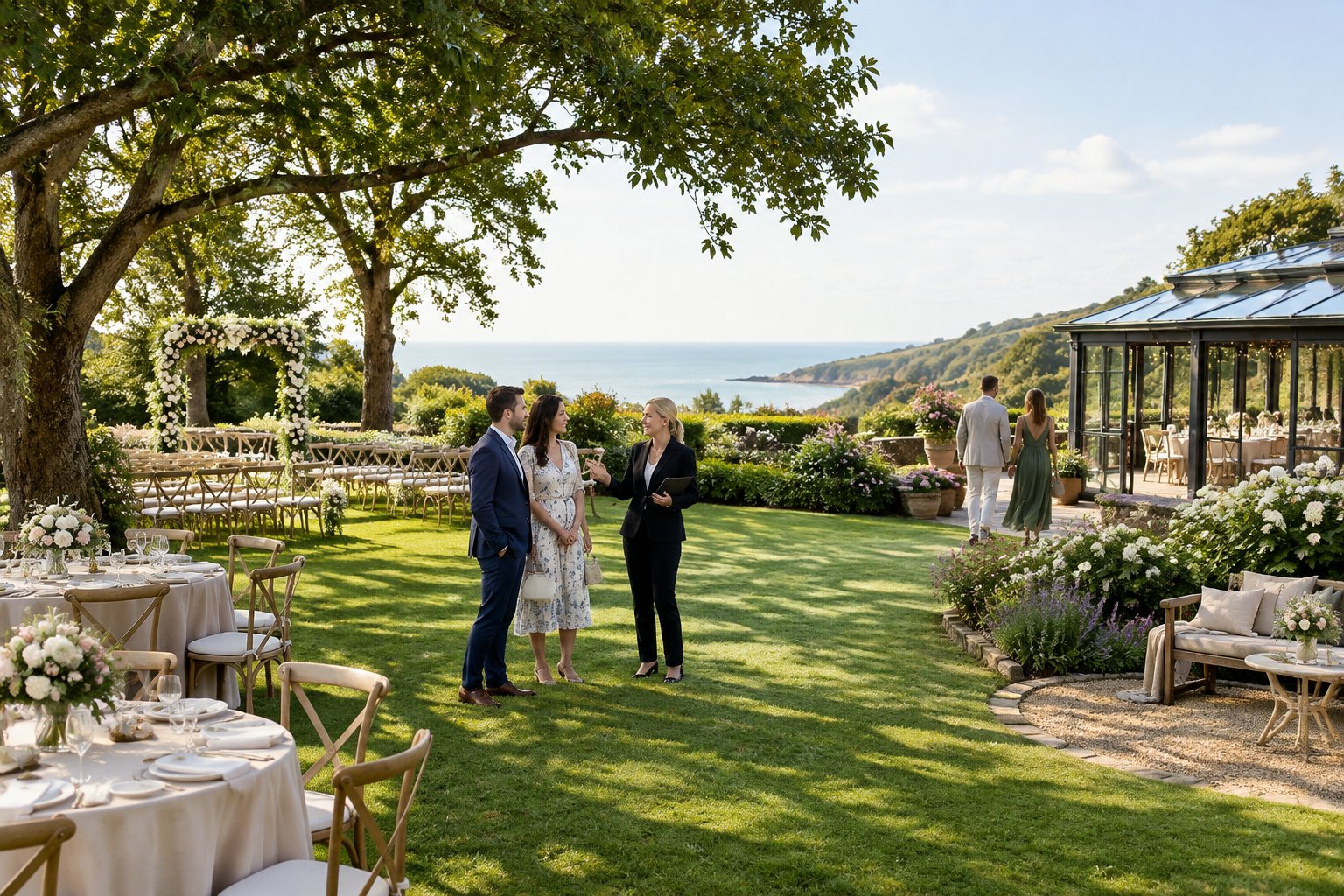 A couple and venue coordinator explore an elegant garden wedding venue with ceremony and reception areas.