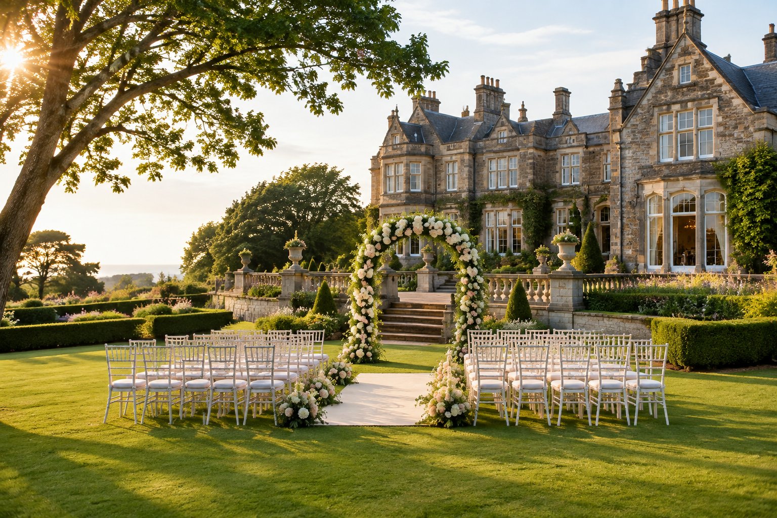 A formal wedding ceremony setup in the landscaped gardens of a grand estate.