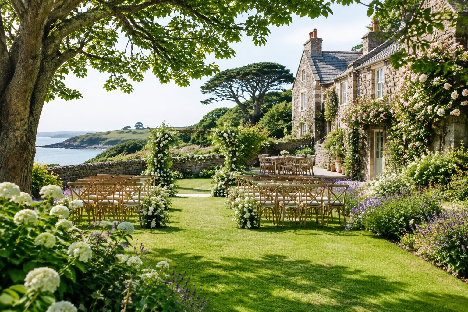A garden wedding setting beside a historic stone manor, surrounded by flowering plants, mature trees, and manicured lawns.