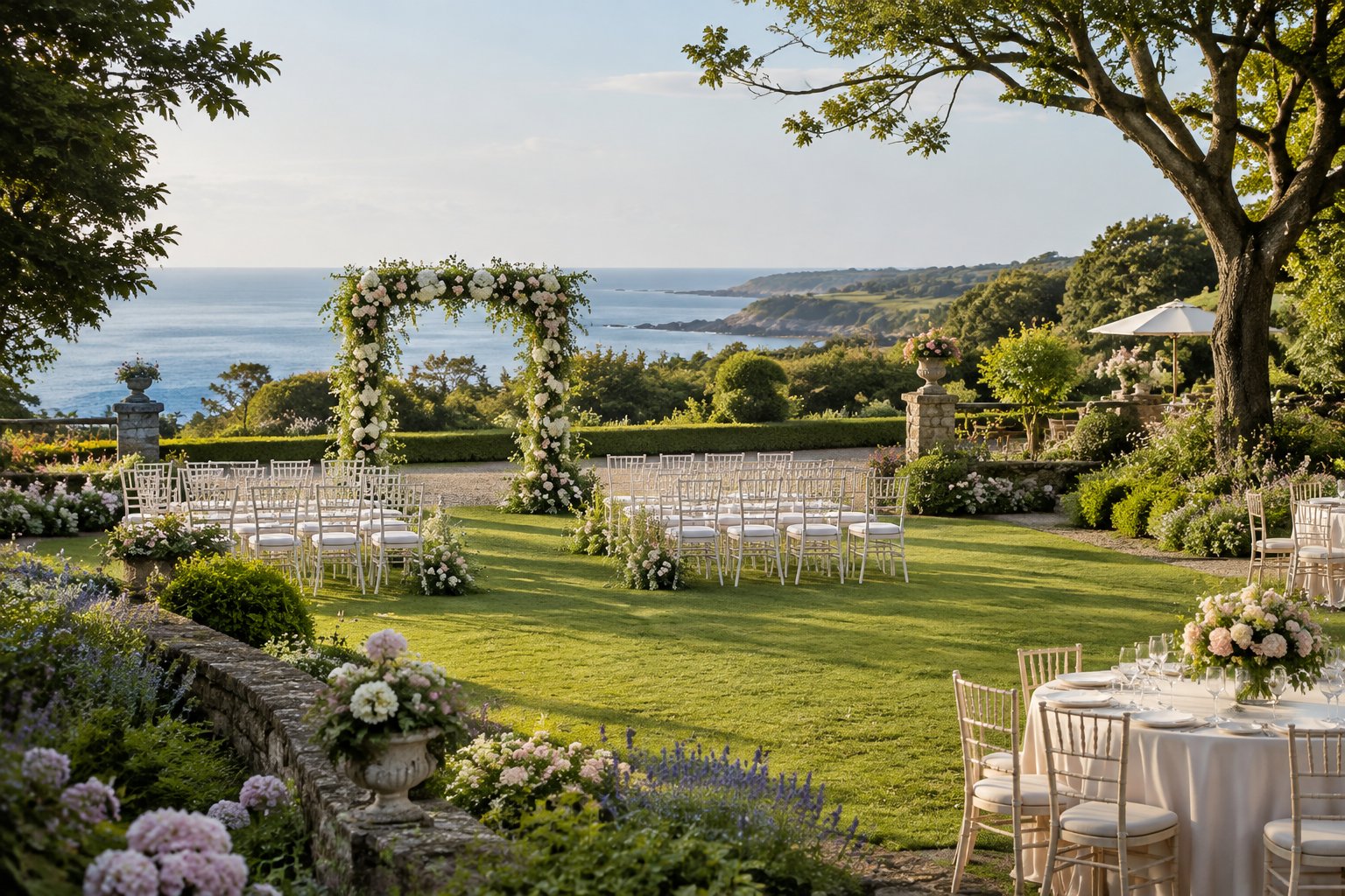 Outdoor wedding ceremony in a lush garden with floral decorations, white chairs, and a distant coastal landscape.