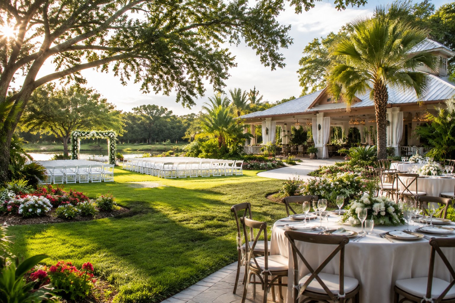 A landscaped garden wedding venue with white chairs, a floral arbor, and a decorated reception area surrounded by lush greenery.
