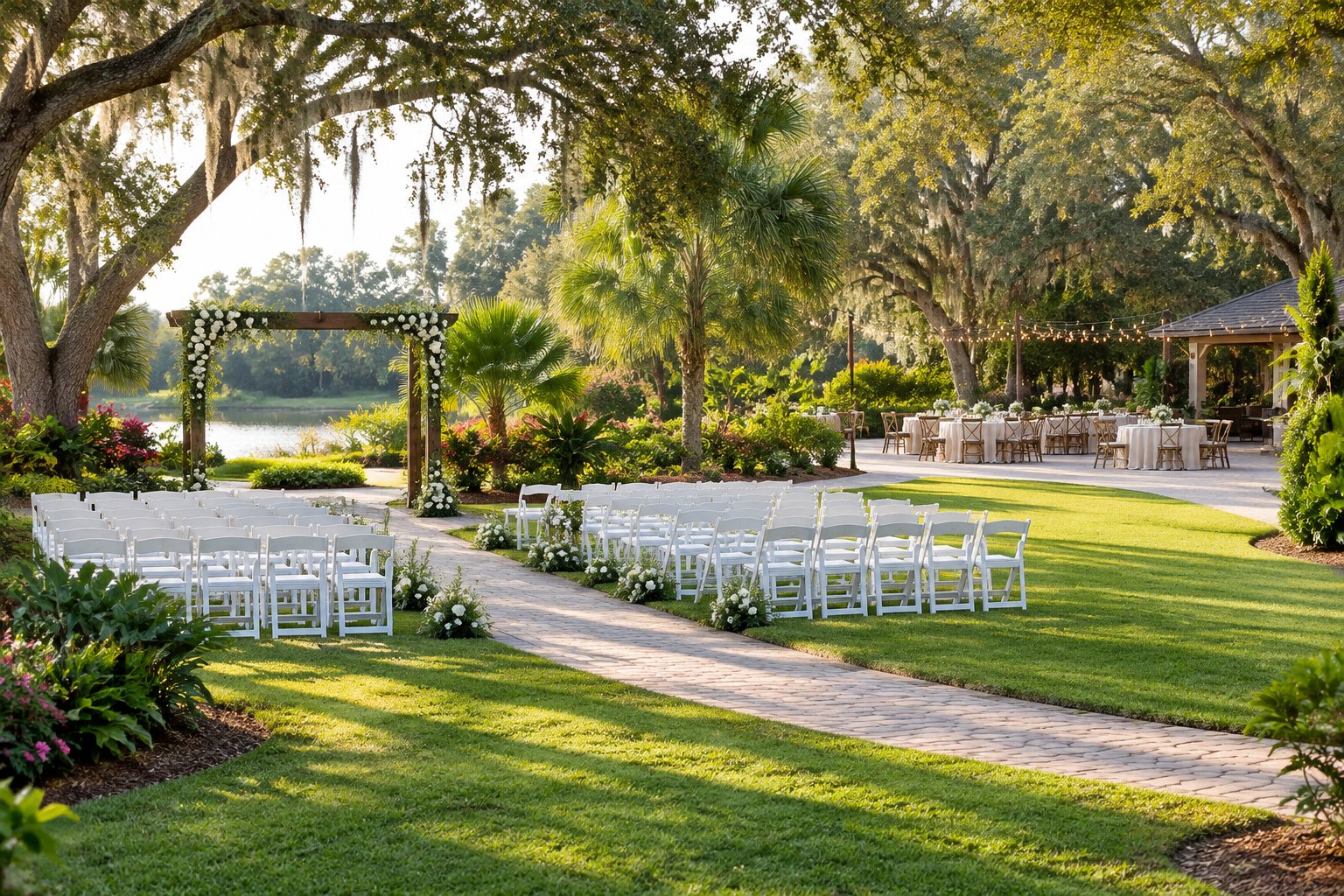 An elegant garden wedding venue with a floral ceremony arbor, white chairs, lush landscaping, and a decorated reception area.