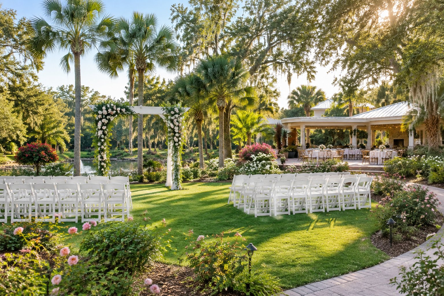 A landscaped garden wedding venue with a flower-decorated arch, white chairs, and tropical greenery.