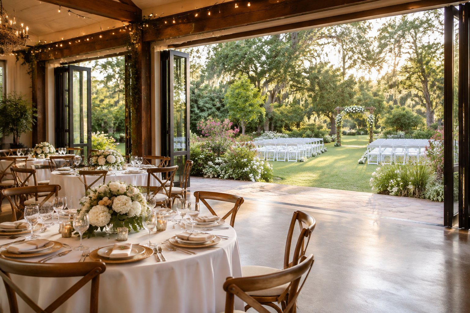An elegant indoor wedding reception opens onto a lush garden ceremony area.
