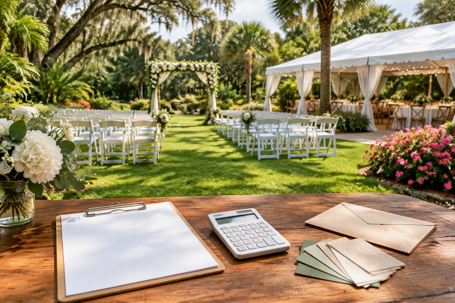 A landscaped garden wedding venue with seating, a reception tent, and a calculator beside blank planning papers.