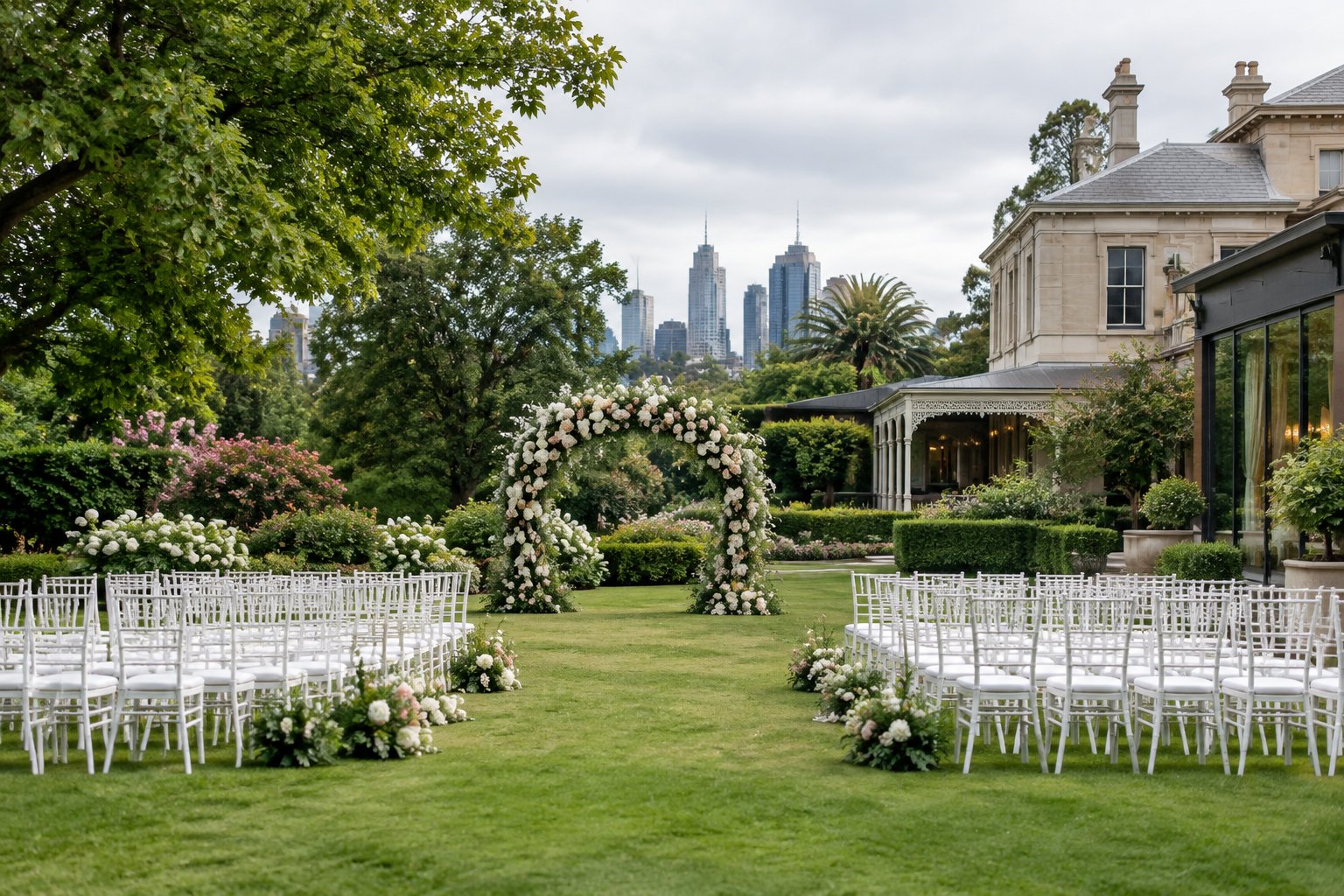 An elegant outdoor wedding ceremony setup in a lush Melbourne garden.