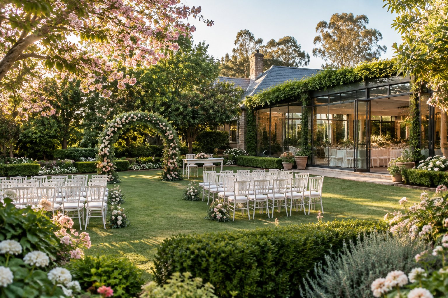 An elegant Melbourne garden wedding venue with a floral ceremony arch, white chairs, and lush landscaped grounds.