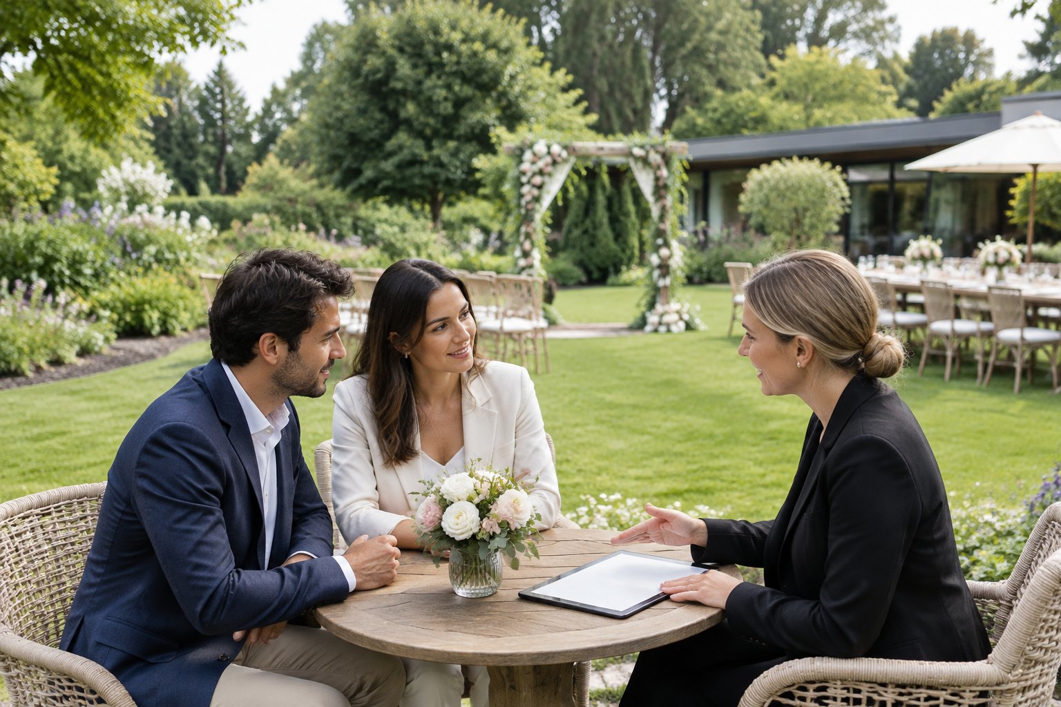 A couple discusses wedding venue details with a coordinator in a landscaped garden.
