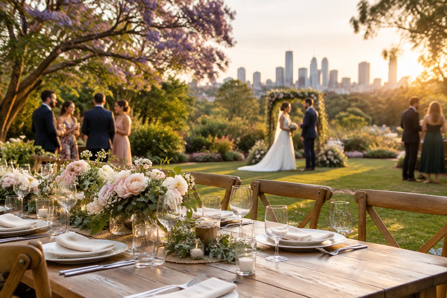 An elegant outdoor wedding reception in a lush Melbourne garden with decorated tables, flowers, and guests.
