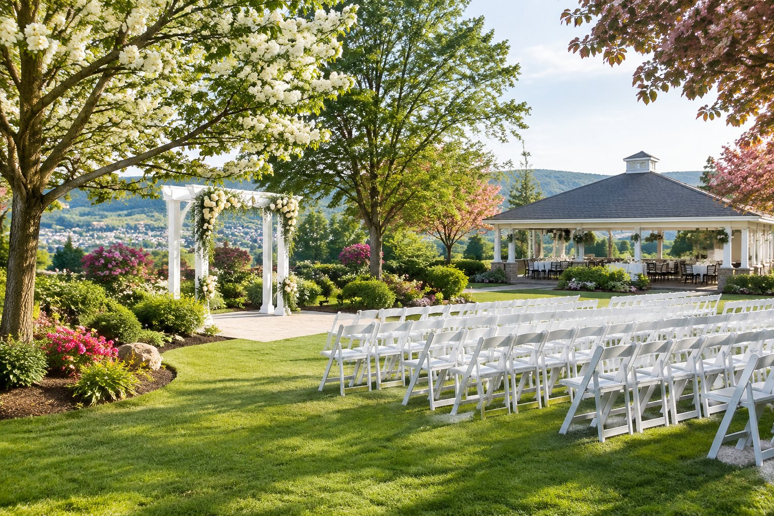 A landscaped garden wedding venue with white ceremony chairs, a flower-adorned arbor, and lush greenery.