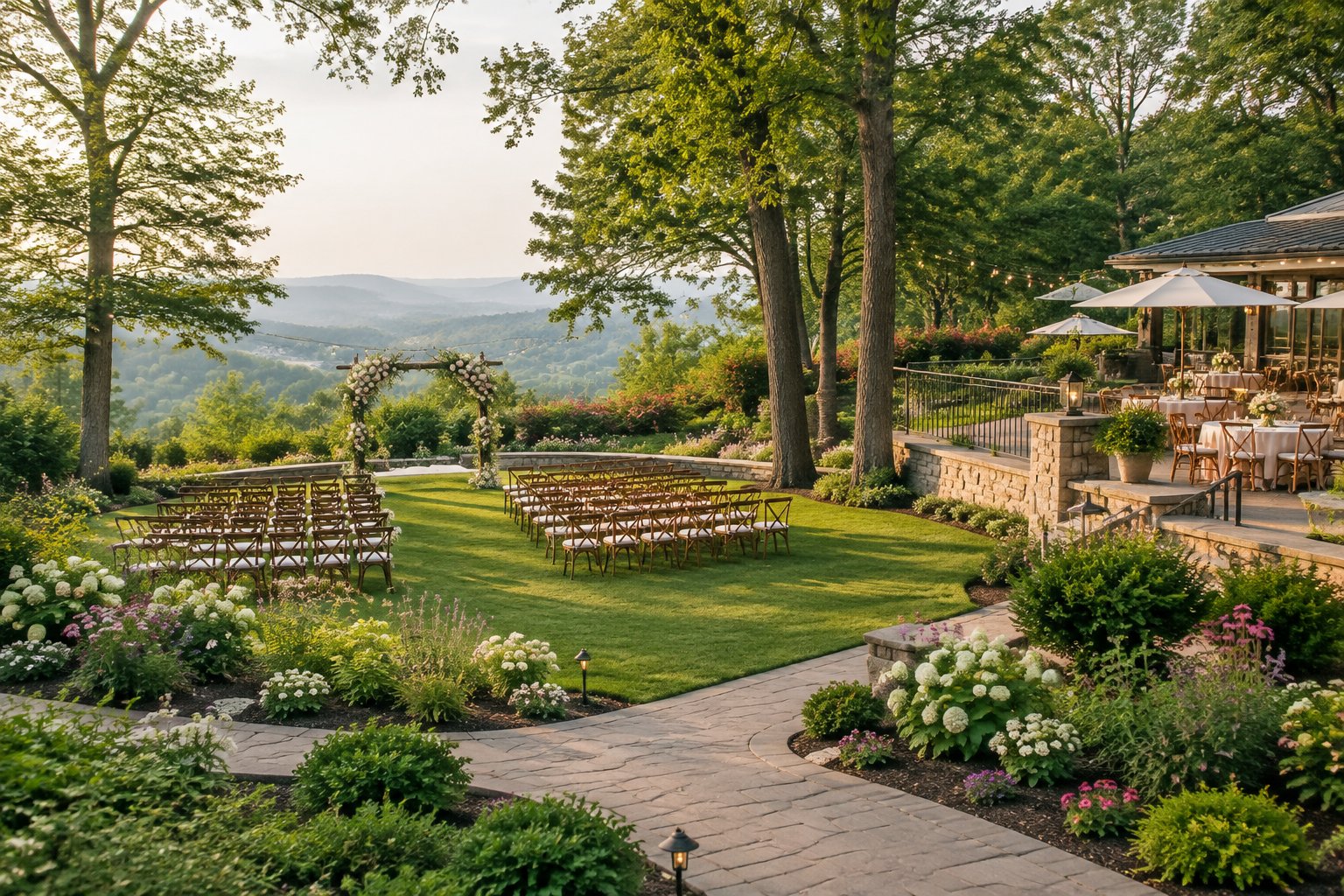 A landscaped garden wedding venue with a floral ceremony arch, green lawns, flowering borders, mature trees, and outdoor seating.