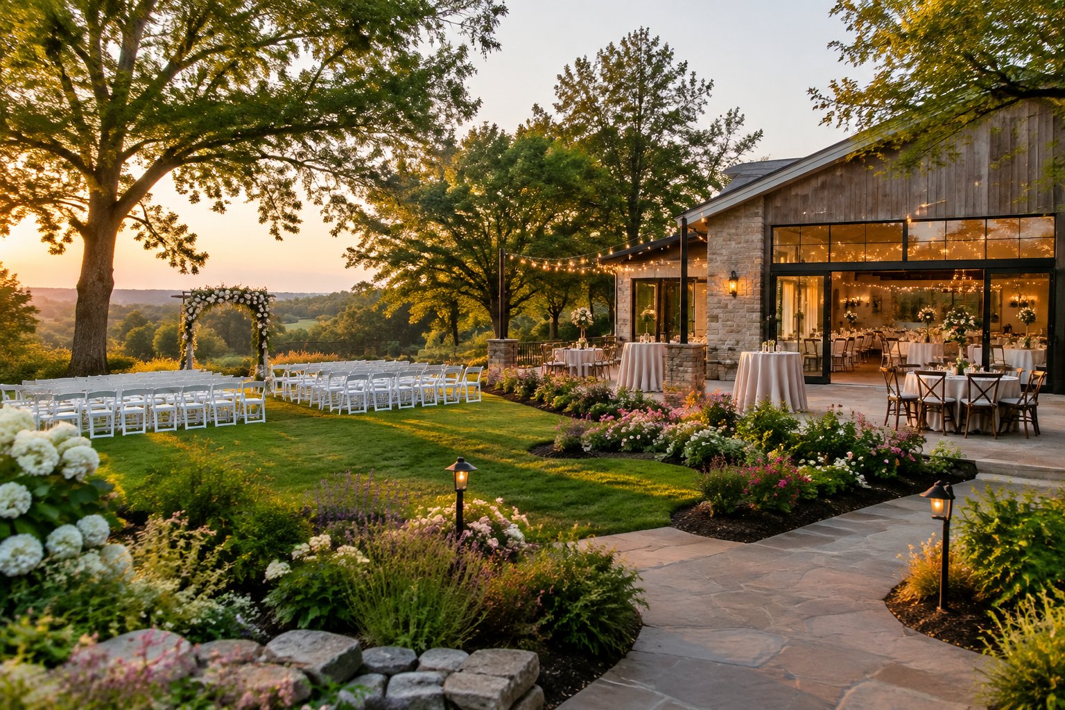 A garden wedding venue with outdoor seating, floral decorations, and an indoor reception space opening onto the grounds.