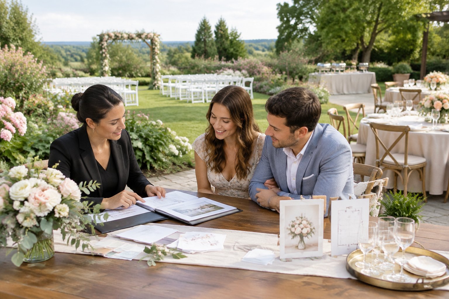 A couple and venue coordinator compare wedding service options at a garden venue with a decorated ceremony area and reception tables.