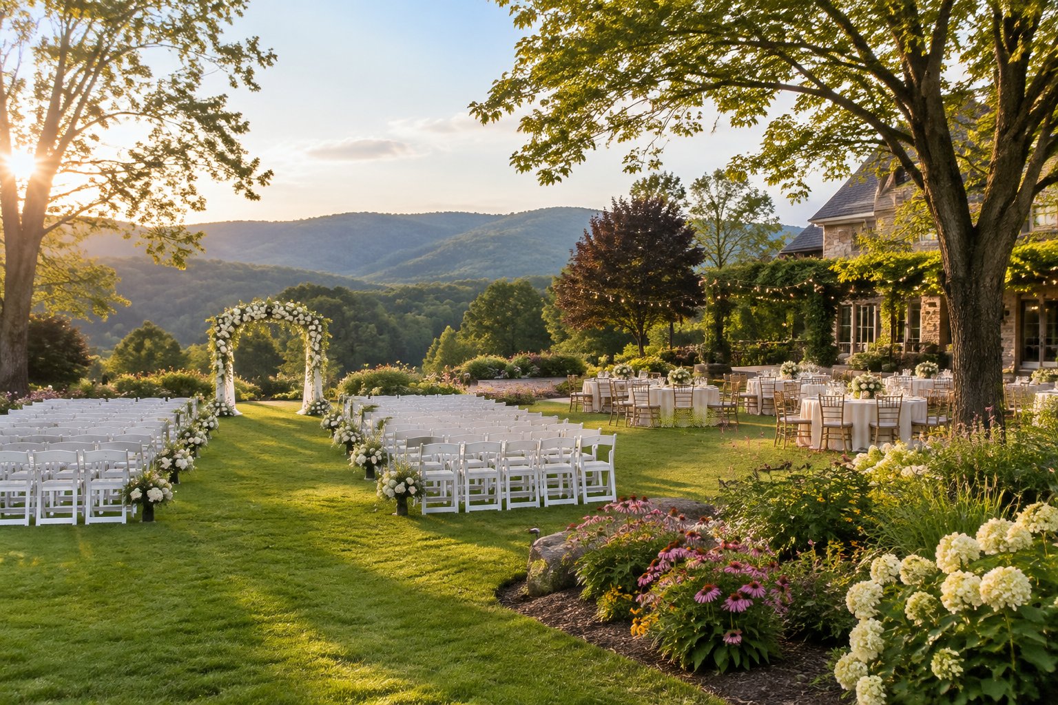 A landscaped garden wedding venue with a floral ceremony arch, white chairs, reception tables, and flowering greenery in warm afternoon light.