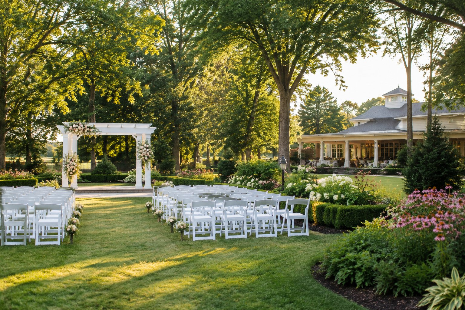 A landscaped garden wedding venue with a flower-adorned arbor, white chairs, green lawns, and mature trees.