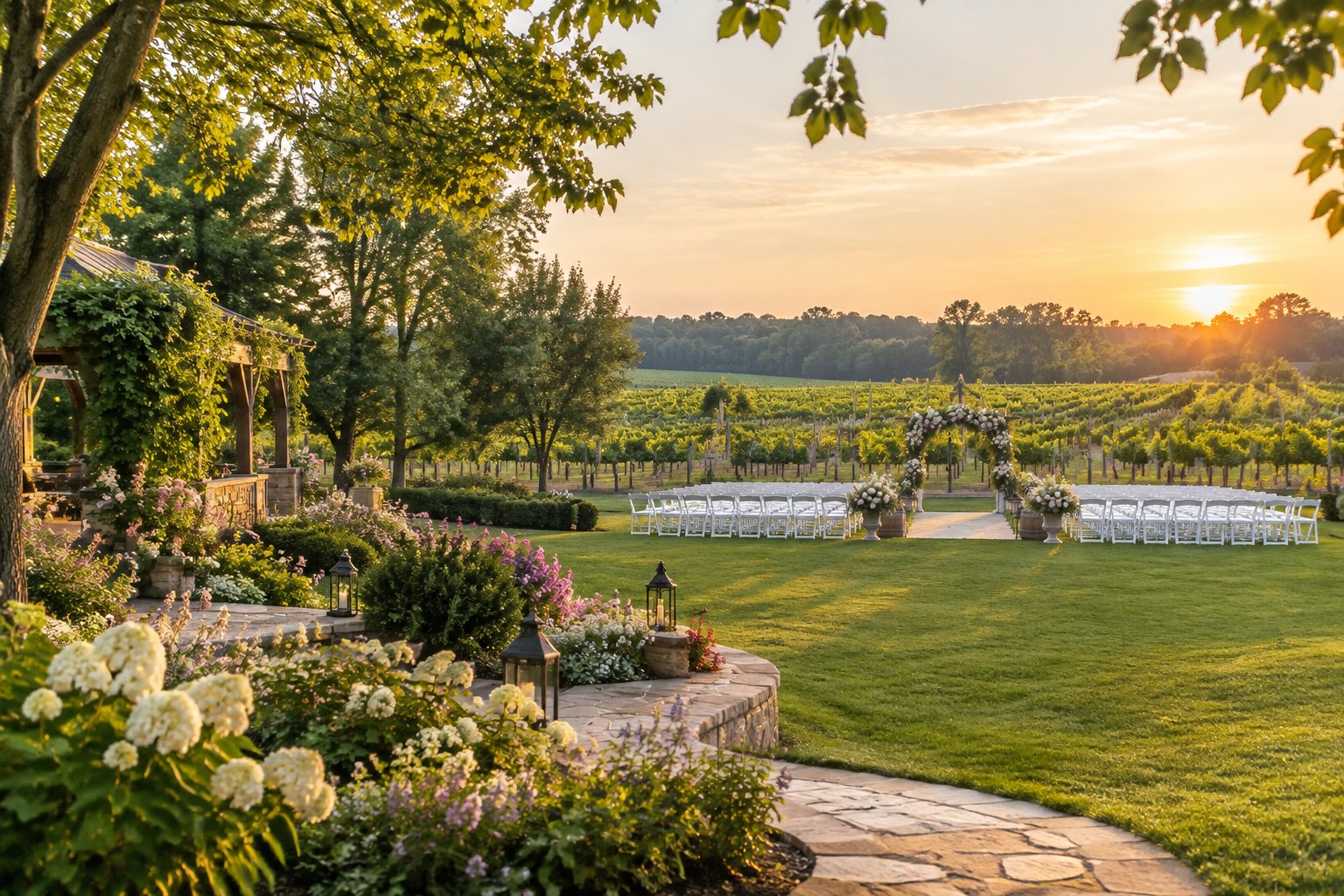An elegant garden wedding ceremony area beside a lush vineyard with flowering plants, trees, and rows of grapevines.