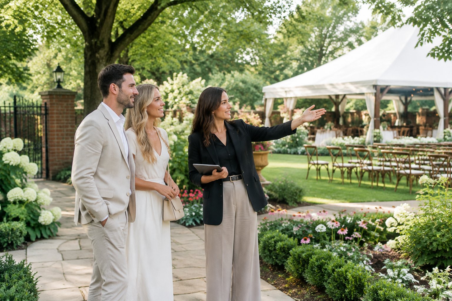 A couple tours a landscaped garden wedding venue with a coordinator.
