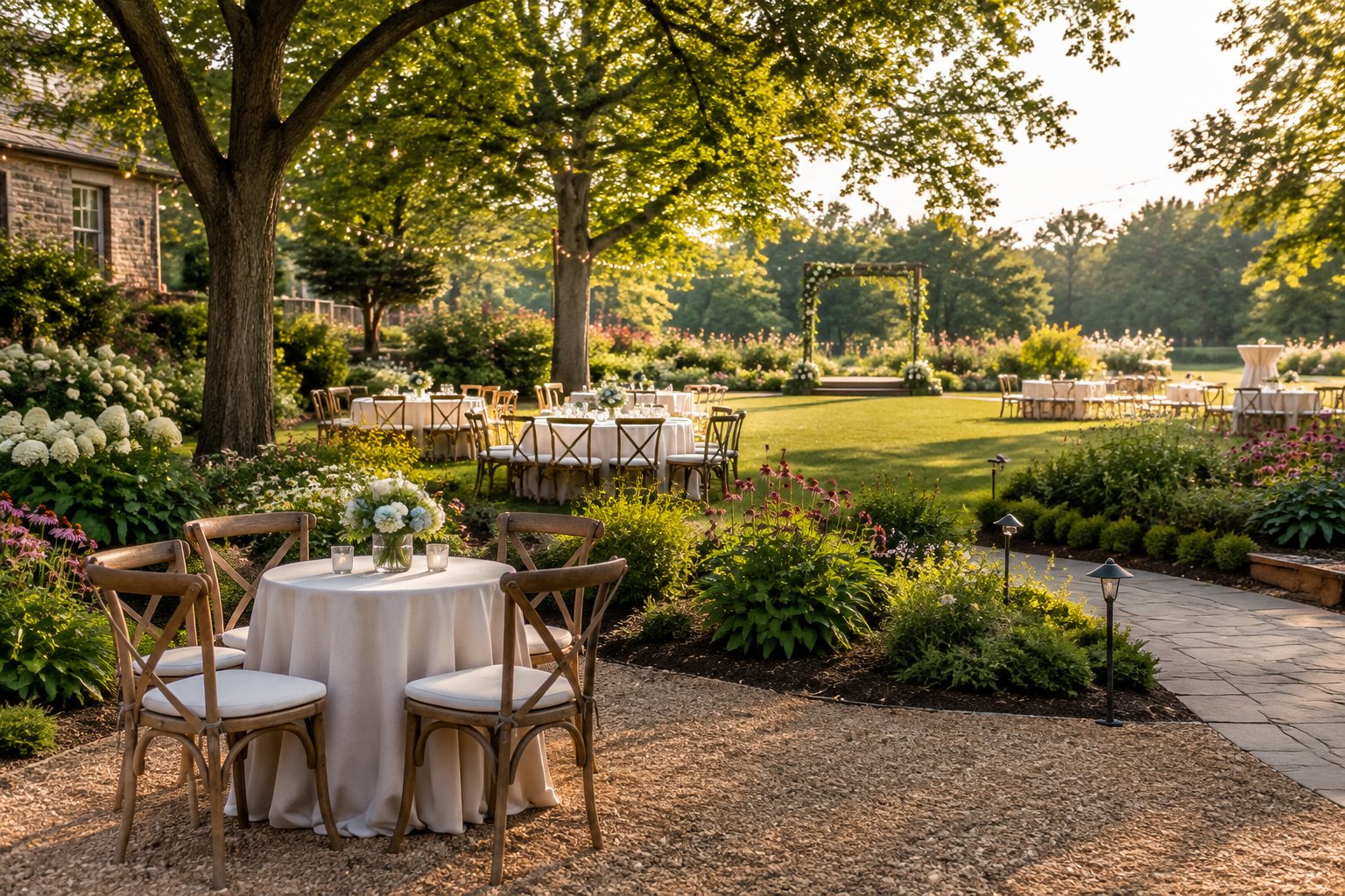 An elegant garden wedding venue with intimate tables, larger reception seating, and an open lawn surrounded by flowers and trees.