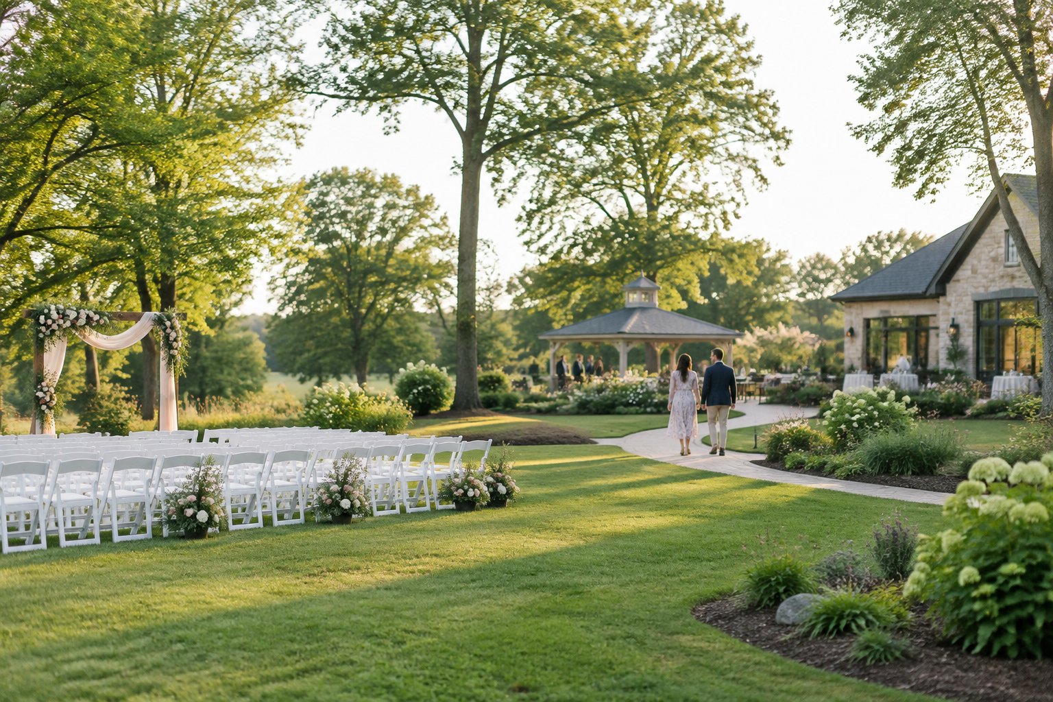 A landscaped garden wedding venue with a ceremony setup, mature trees, and a couple touring the grounds.