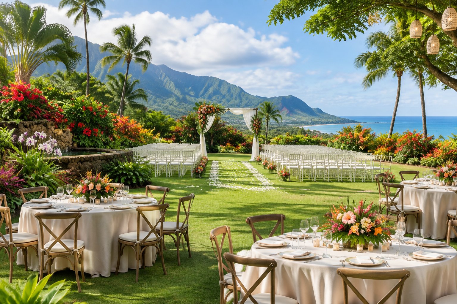 An elegant wedding ceremony setup in a lush tropical garden with flowers, white chairs, mountain views, and the ocean in the distance.