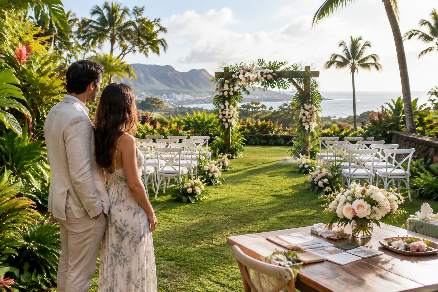 A couple considers an elegant wedding ceremony setup in a lush tropical garden on Oahu.