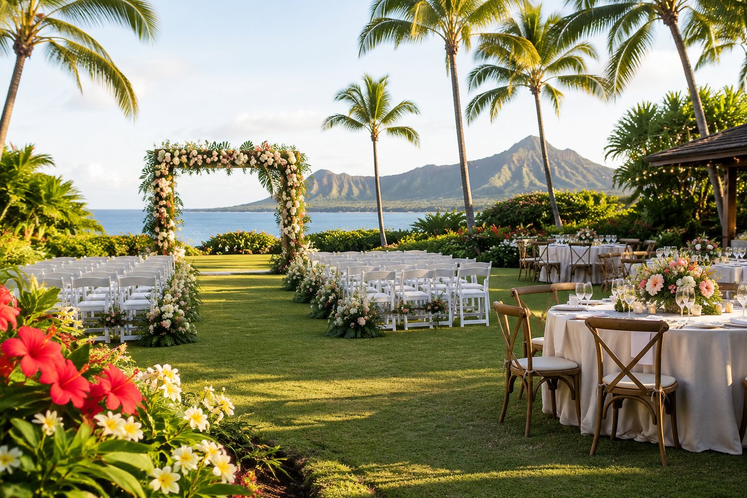 An elegant outdoor wedding ceremony in a lush tropical garden on Oahu with floral decorations, white chairs, and distant mountains.