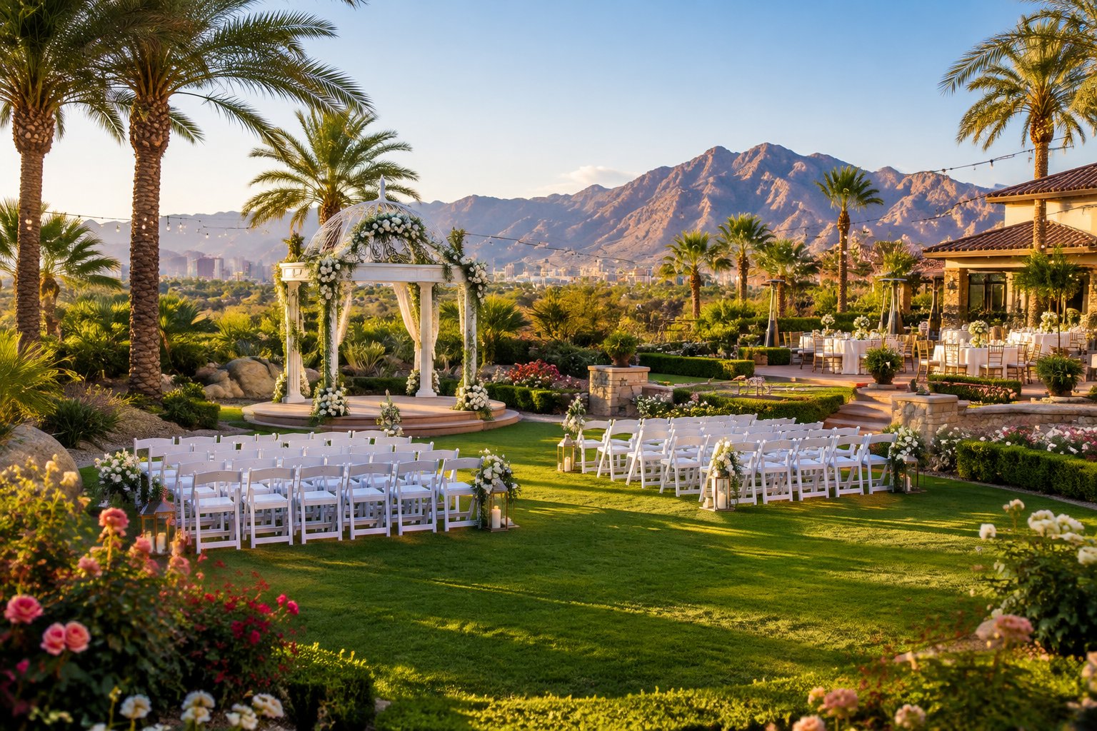 A landscaped garden wedding venue with a white ceremony gazebo, floral decorations, palm trees, and distant desert mountains.