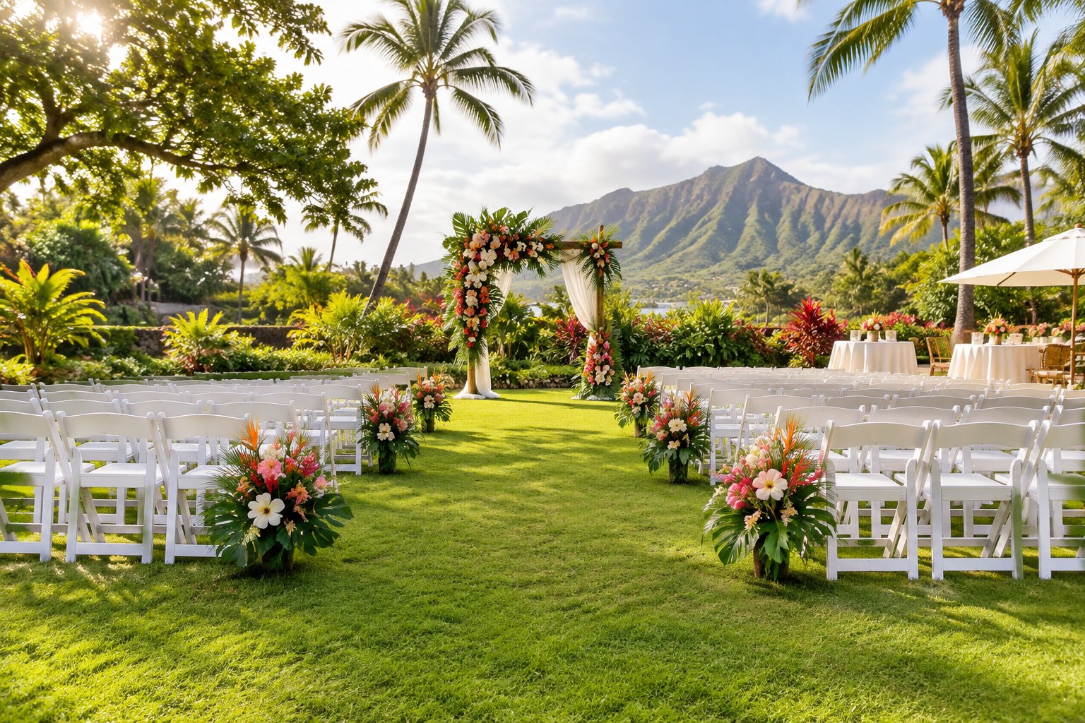 A tropical garden wedding venue on Oahu with a floral ceremony arch, white chairs, lush greenery, and mountains in the background.