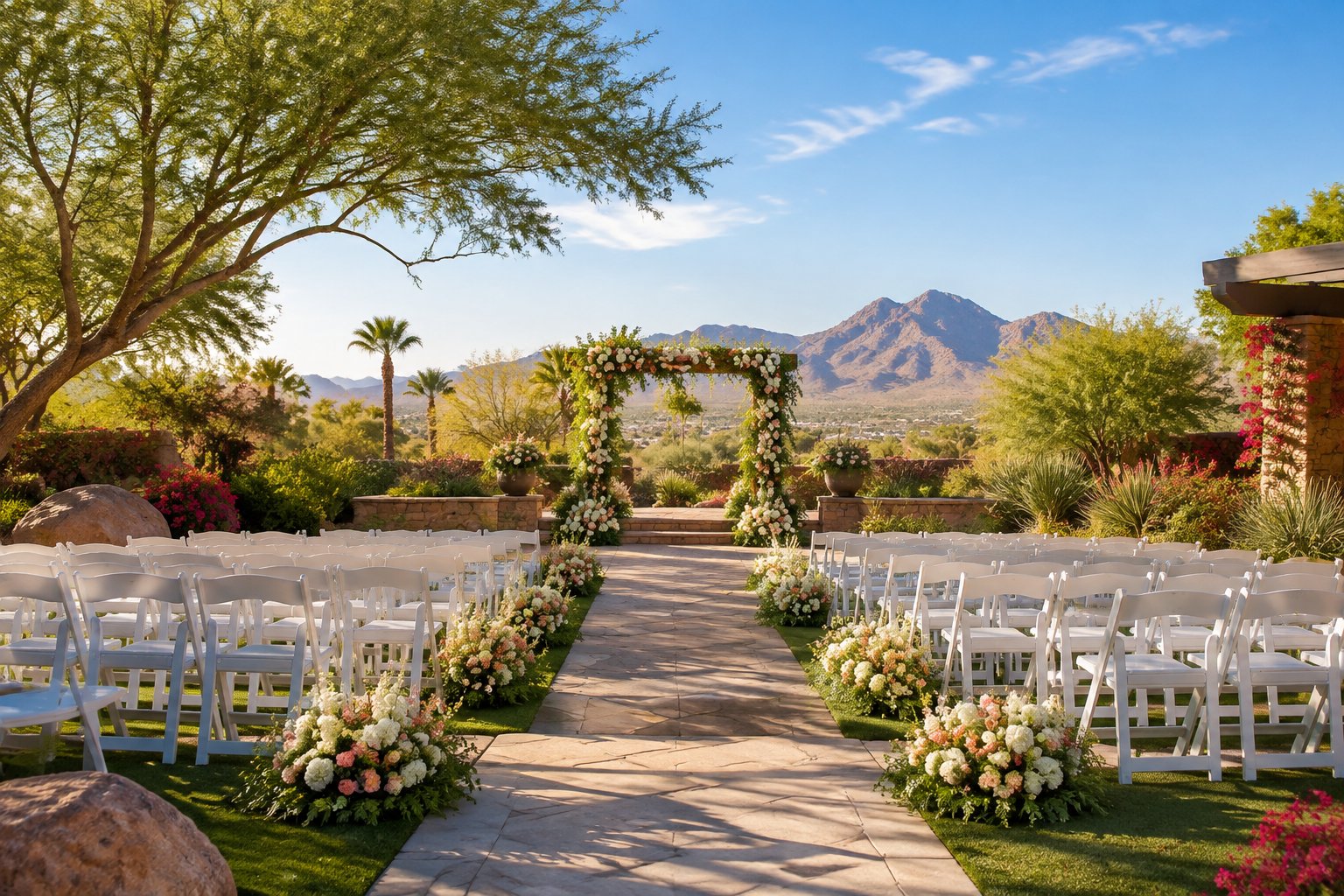 A lush landscaped garden wedding ceremony area with floral arches and white chairs set against the Las Vegas desert mountains.