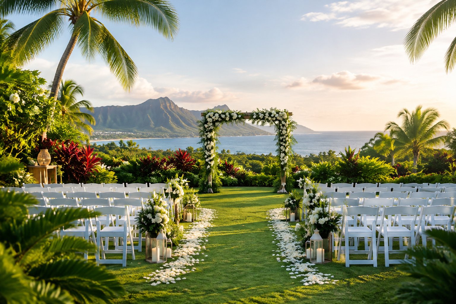 An elegant outdoor wedding ceremony setup in a lush tropical Oahu garden with white chairs, flowers, and a distant ocean view.