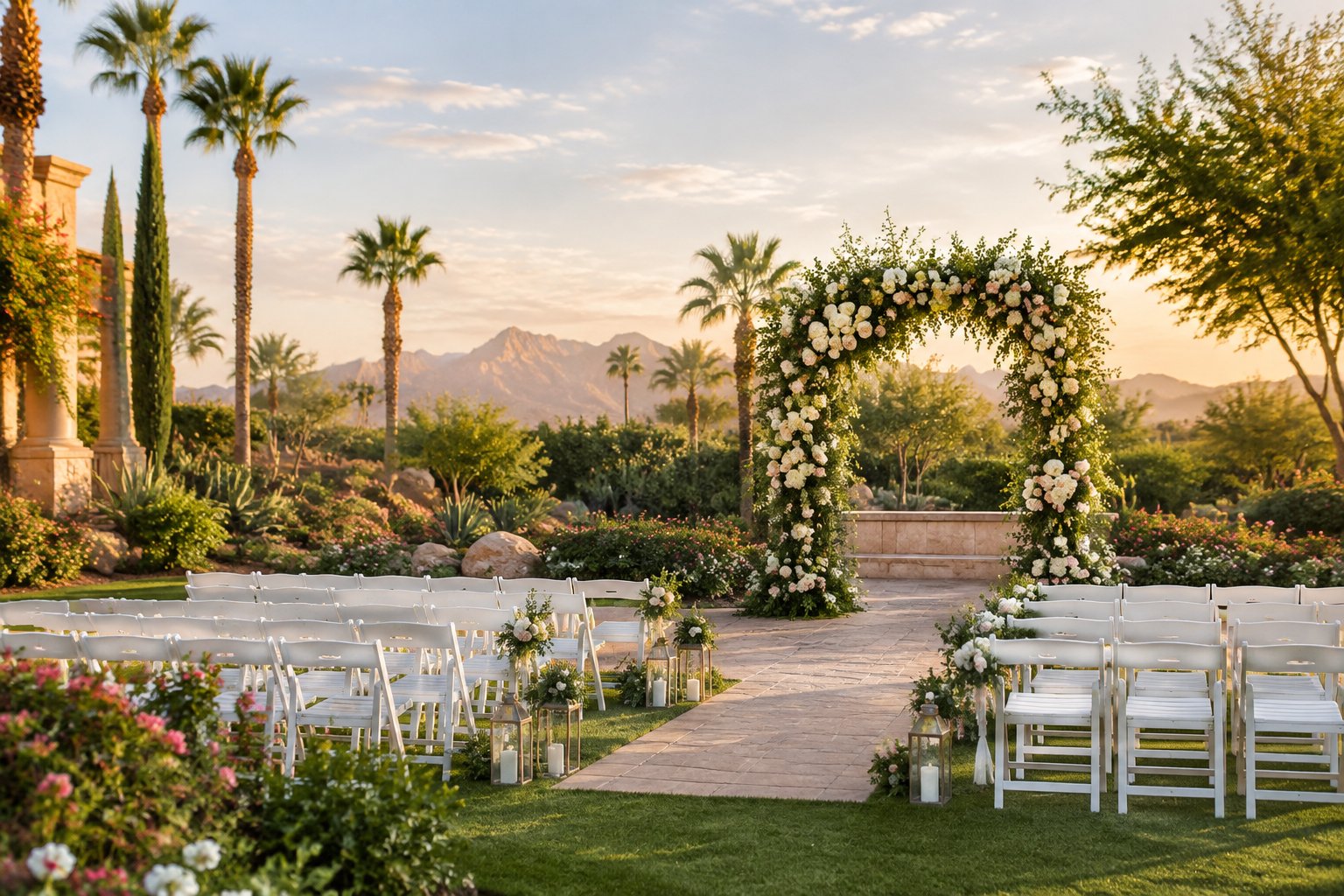 An elegant outdoor wedding ceremony set in a lush garden with a floral arch and rows of white chairs.