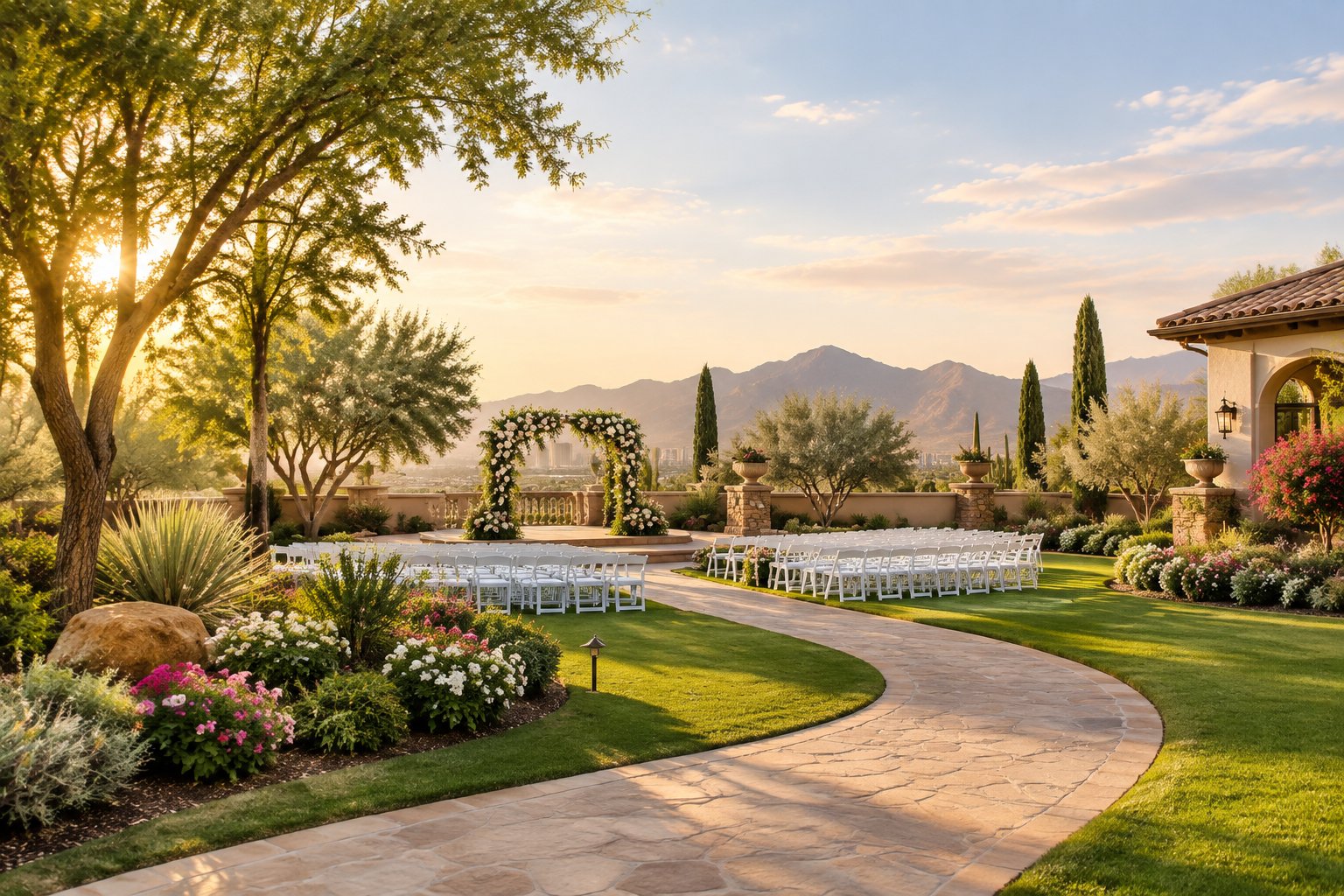 A landscaped garden wedding venue in Las Vegas with flowers, greenery, a floral arch, and rows of white ceremony chairs.