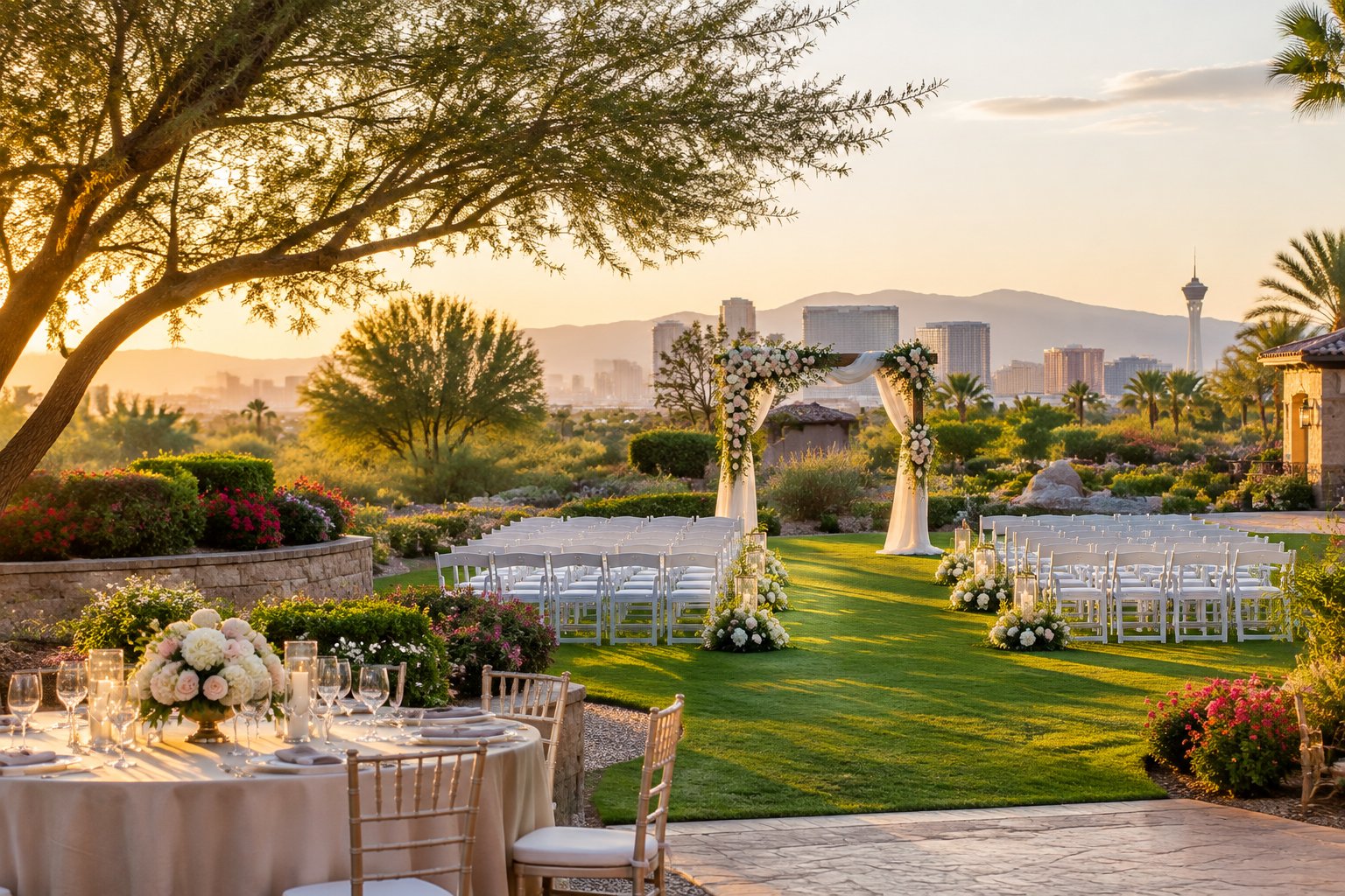 An elegant garden wedding ceremony setup with a flower-covered arch, white chairs, and landscaped greenery in Las Vegas.