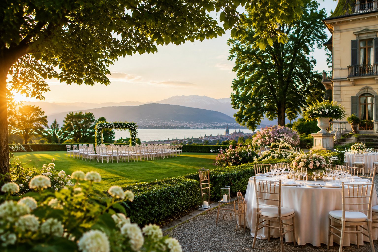 Elegant garden wedding venue in Zurich with floral decorations, white chairs, reception tables, and a historic villa surrounded by greenery.