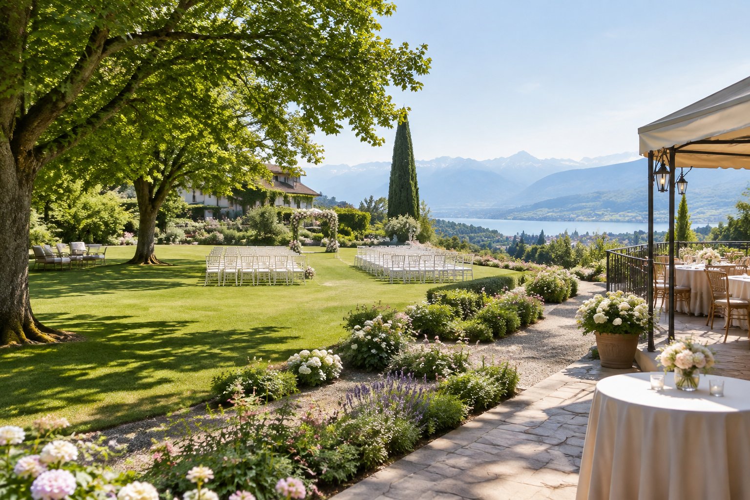 A landscaped garden wedding venue near Zurich with a ceremony lawn, shaded trees, flower beds, and a reception terrace overlooking the Swiss countryside.