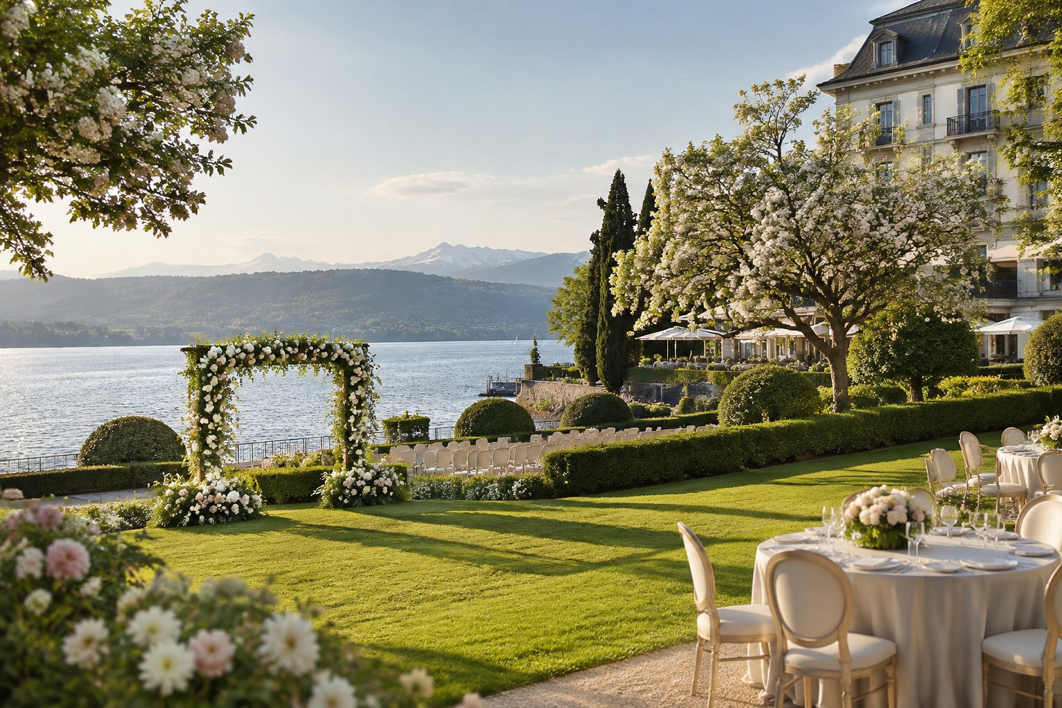 A luxury lakeside hotel surrounded by landscaped gardens prepared for an outdoor wedding, with mountains in the distance.