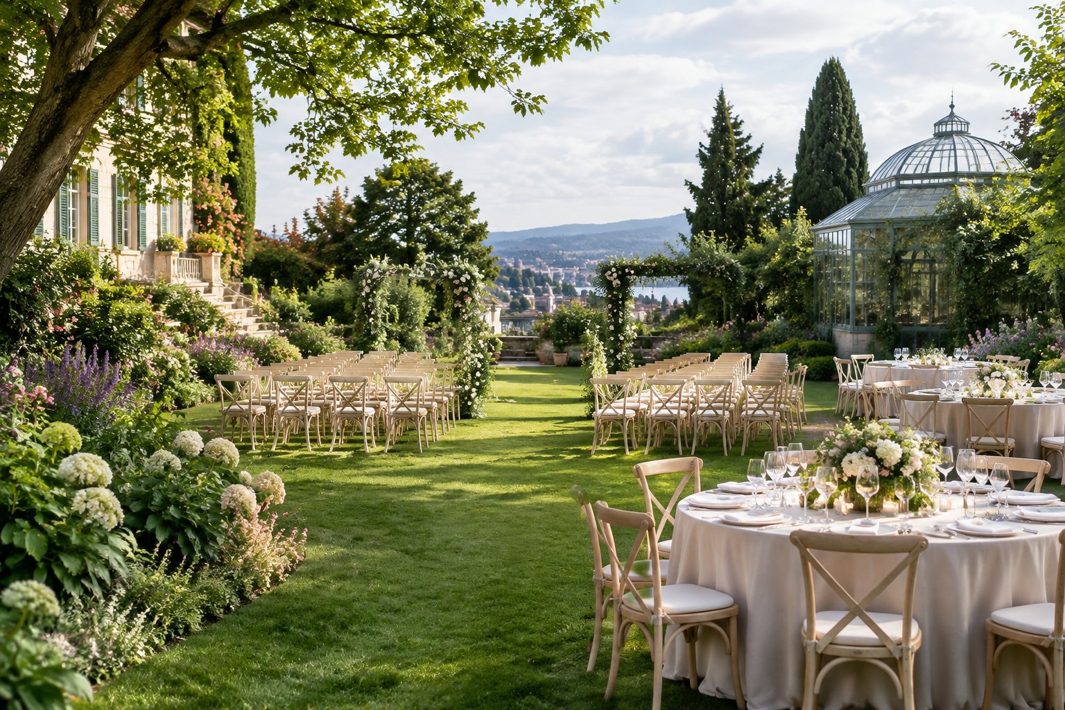 A refined garden wedding venue surrounded by lush greenery, flowers, trees, and elegant outdoor ceremony seating.