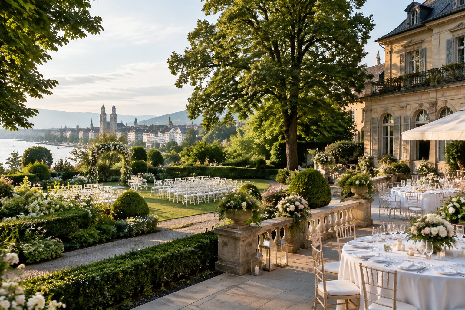 A historic Zurich building beside a manicured garden prepared for a wedding ceremony and reception.