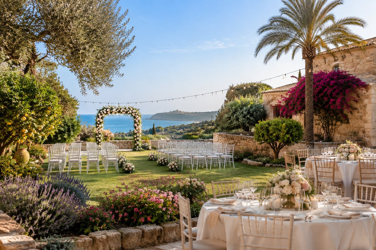 An elegant garden wedding venue in Malta with floral decorations, white chairs, and a limestone villa surrounded by Mediterranean plants.