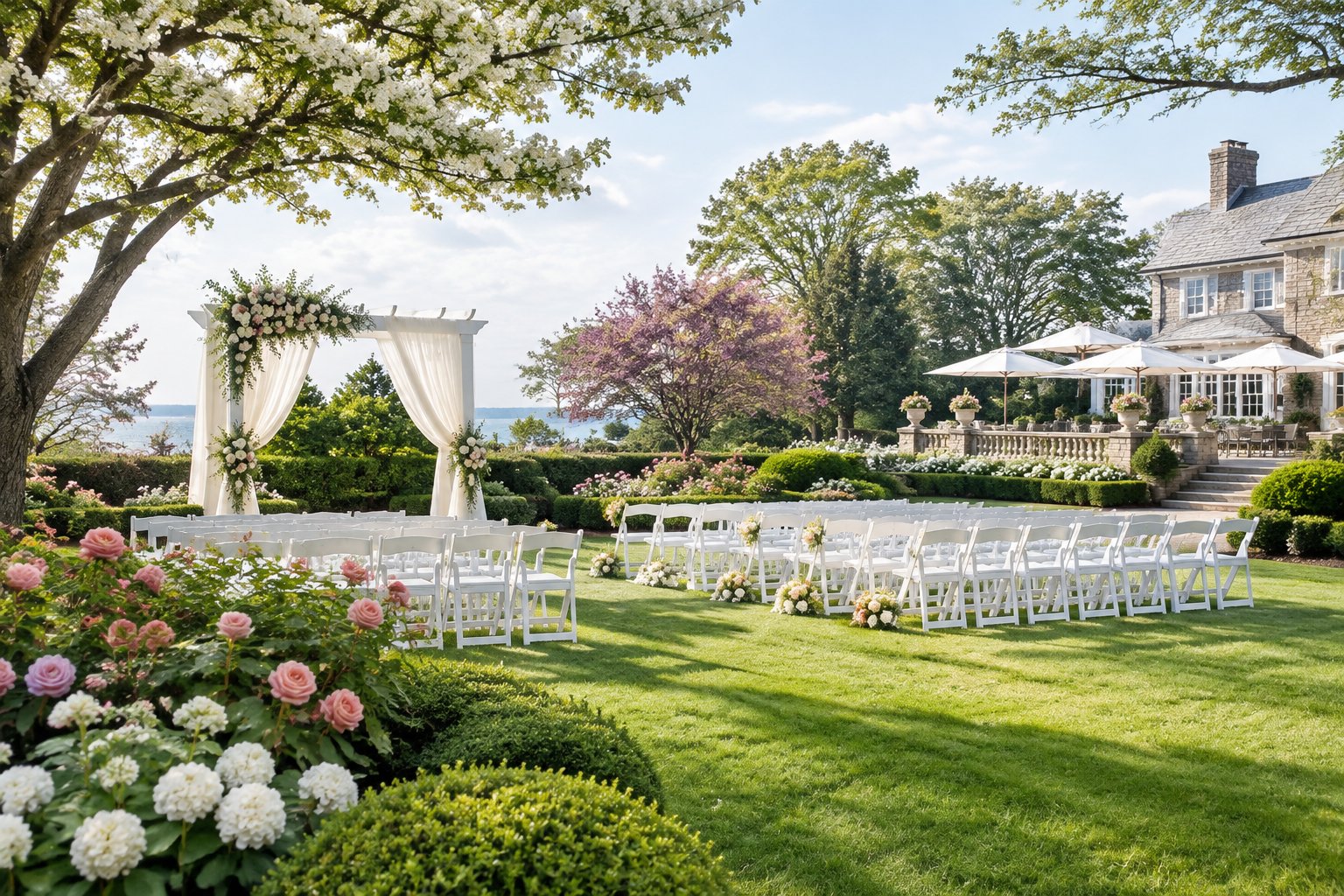 A landscaped garden wedding venue with a white ceremony arbor, rows of chairs, flowering plants, and a historic estate in the background.