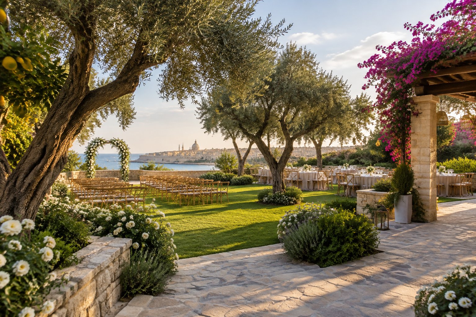 A sunlit Mediterranean garden wedding venue in Malta with olive trees, flowers, lawns, stone paths, and outdoor tables.