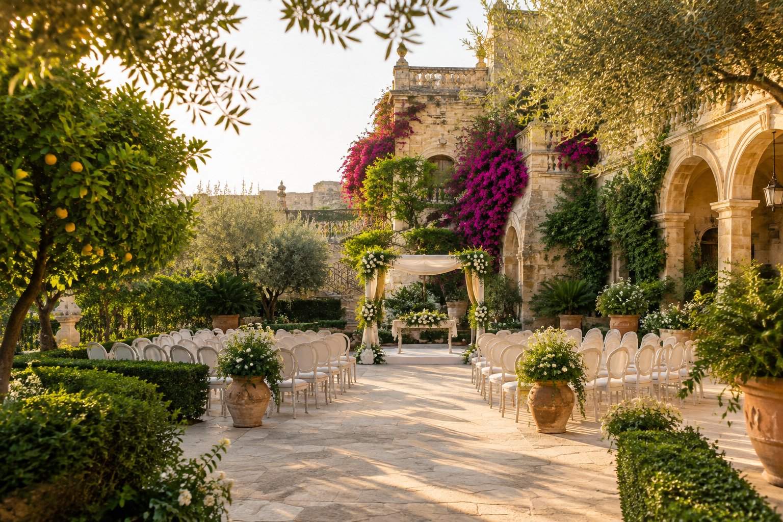 A wedding ceremony setting in a lush historic garden beside a honey-colored Maltese palazzo.