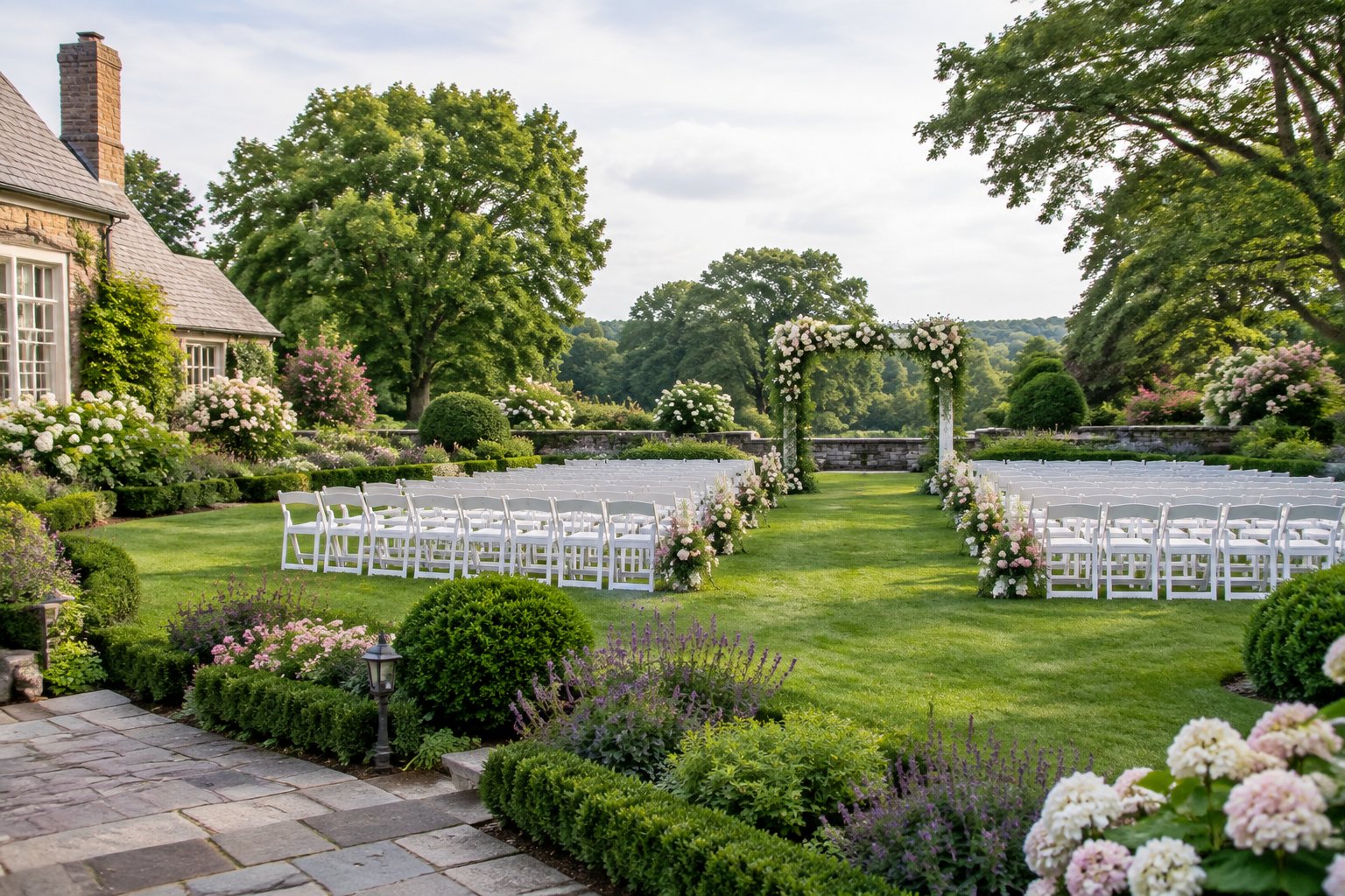 An elegant outdoor wedding ceremony setup in a lush, flower-filled garden.