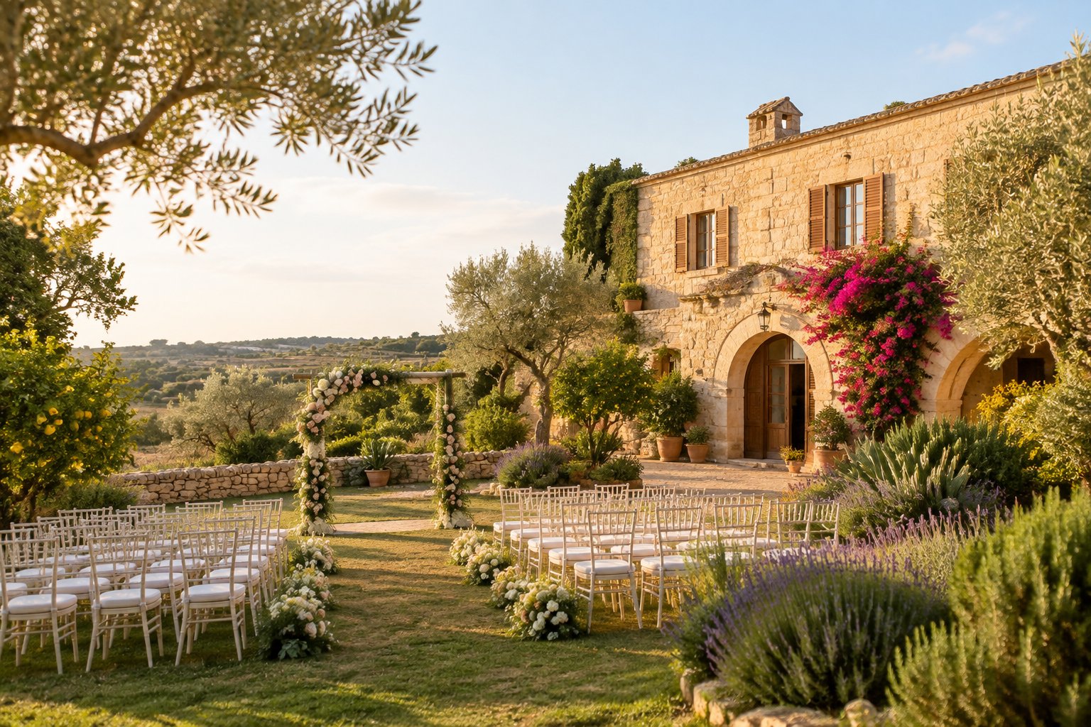 A countryside garden wedding venue beside a traditional Maltese farmhouse, surrounded by flowers, olive trees, and outdoor ceremony chairs.