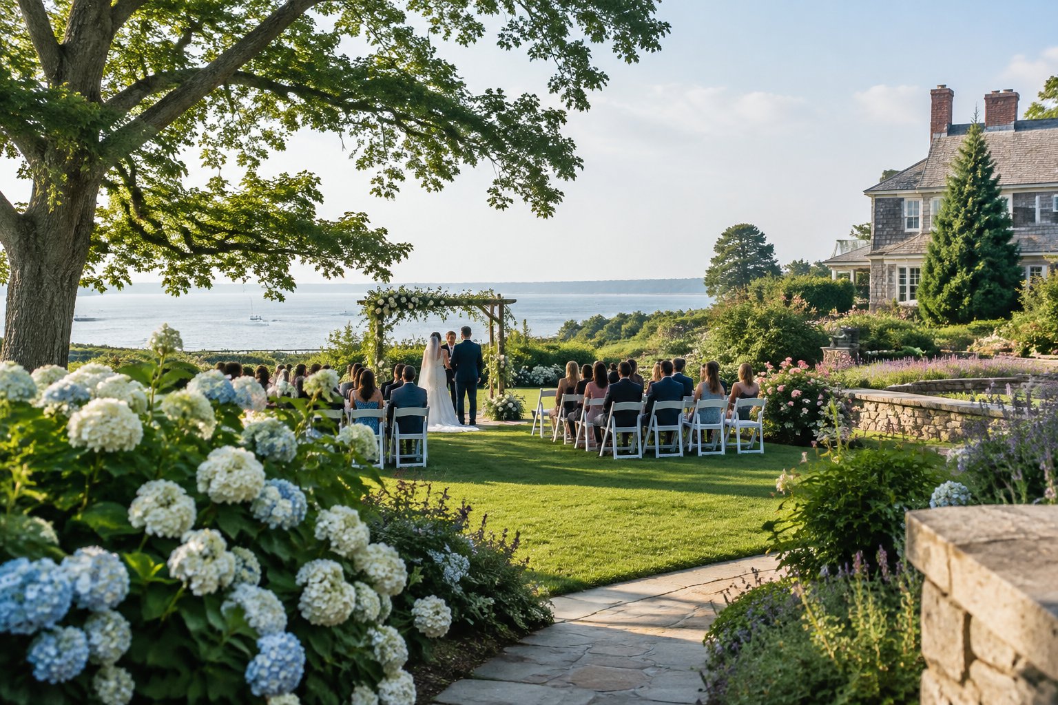 A landscaped garden wedding ceremony with white chairs, flowers, trees, and an elegant estate in the background.