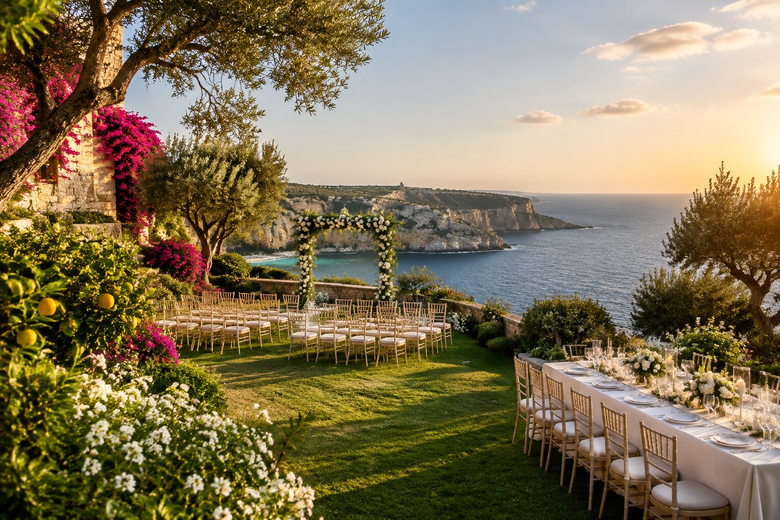 An elegant garden wedding setting overlooking the Mediterranean Sea and rugged Maltese cliffs.