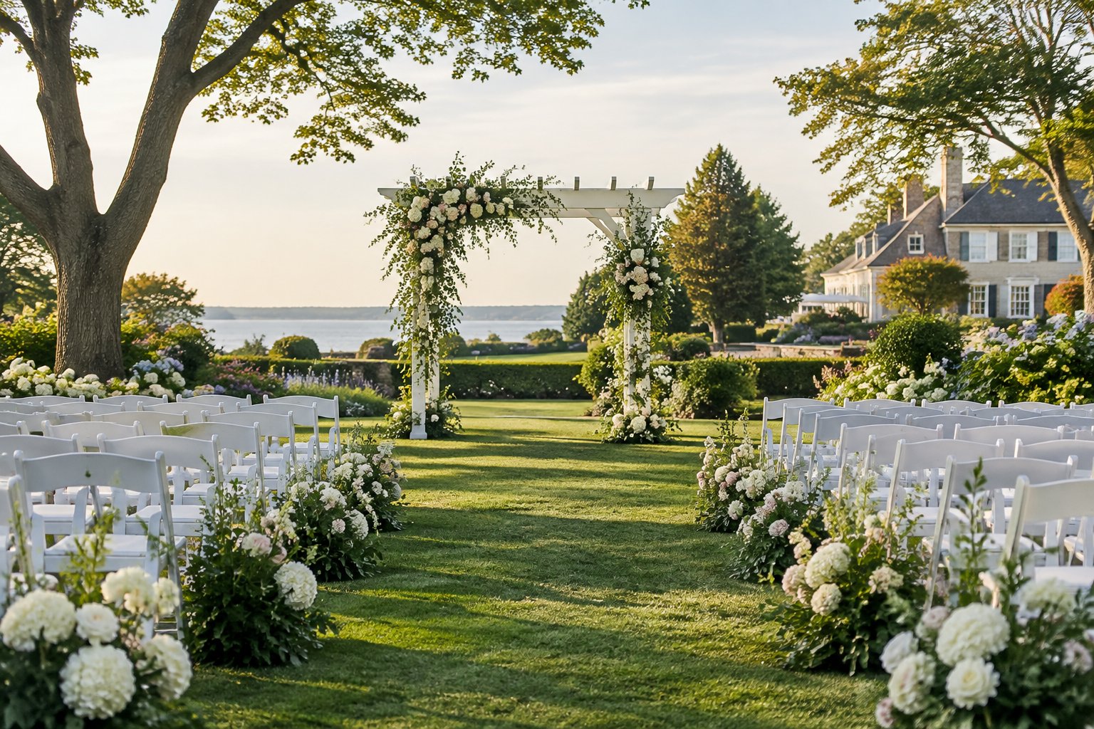 An elegant outdoor wedding ceremony setup in a lush garden with floral decorations and white chairs.